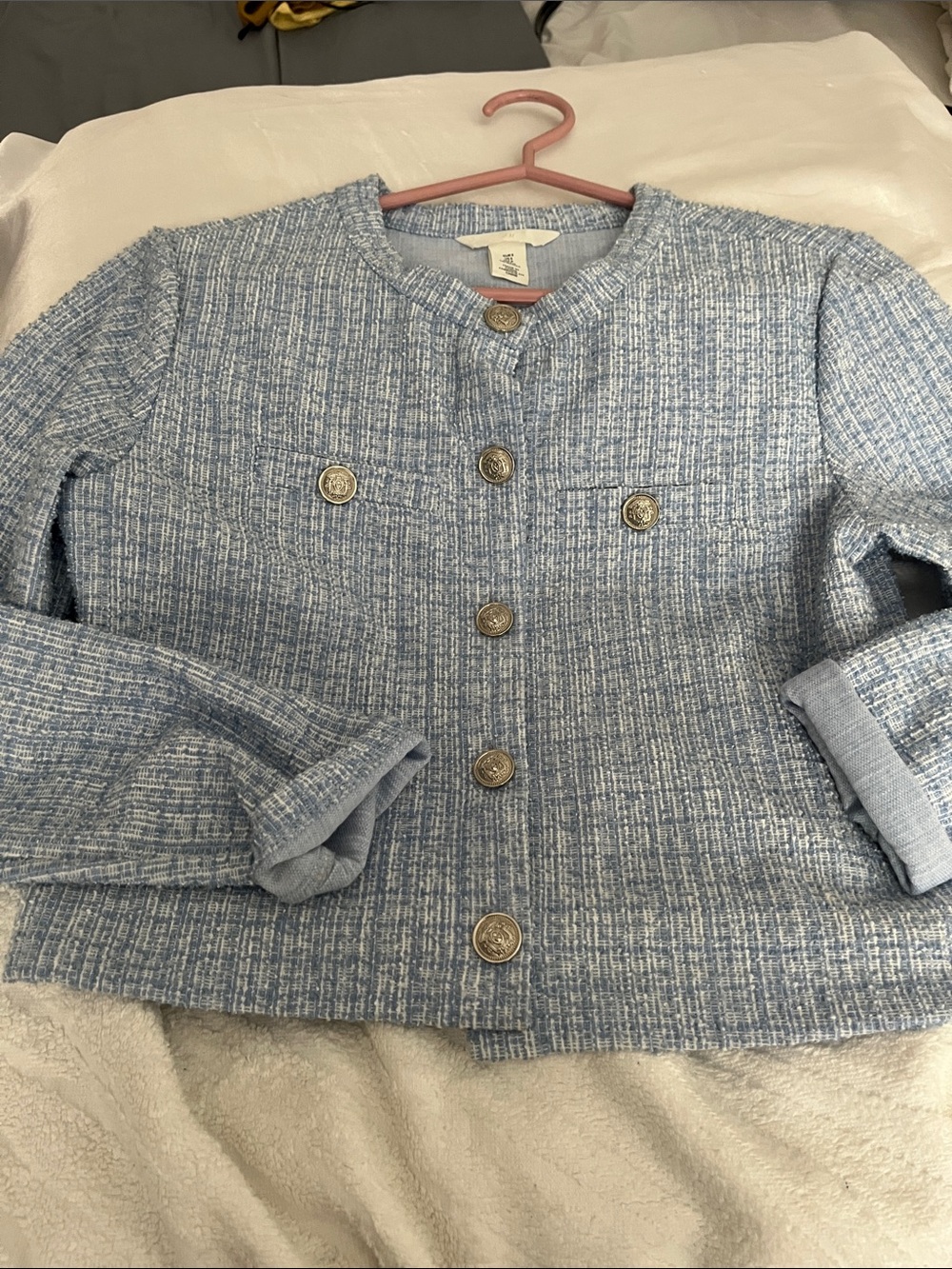 H&M Light Blue Tweed Buttoned Boxy Jacket - Picture 5 of 12